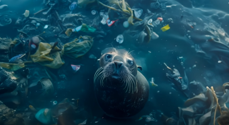 From the Official Visualizer video; a sea lion in an ocean full of garbage